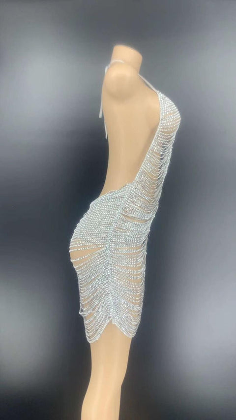 2021 Silver Rhinestones Chains Backless Short Dress Bar Prom