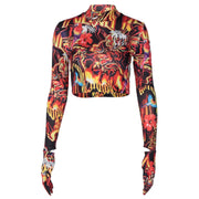 Fire Flame Print Crop Top Women T Shirt Long Sleeve