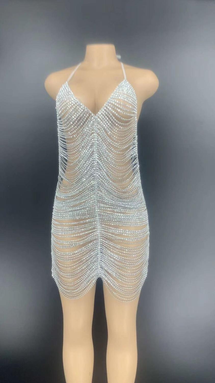 2021 Silver Rhinestones Chains Backless Short Dress Bar Prom