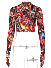 Fire Flame Print Crop Top Women T Shirt Long Sleeve