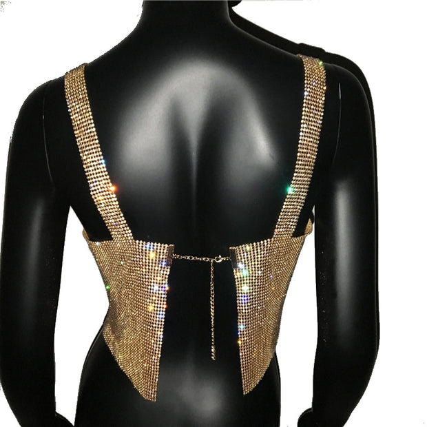 Rhinestones Party Crop Top 2022 Fashion Solid Backless Straps