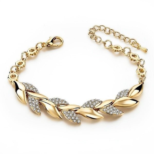 Women Gold Bracelet Rhinestone Leaves Chain