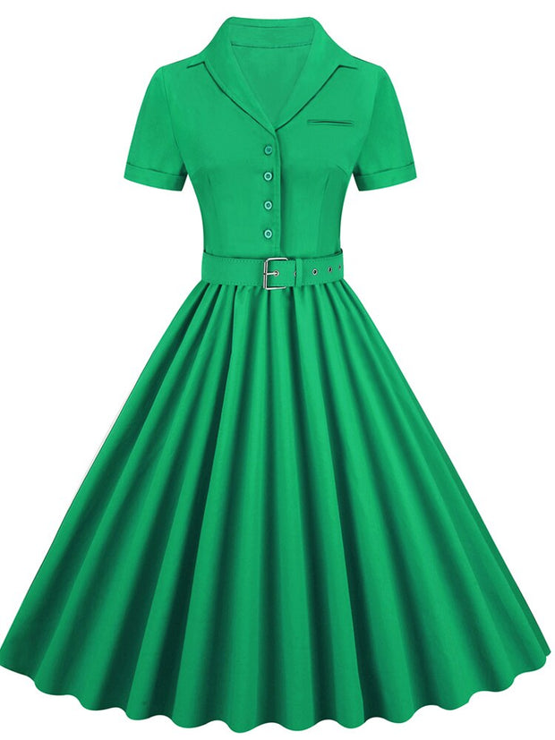 Vintage Big Swing Casual Green Dress Short Sleeve