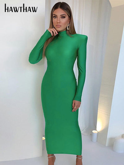 Long Sleeve Bodycon Green Party Club Maxi Long Dress 2022